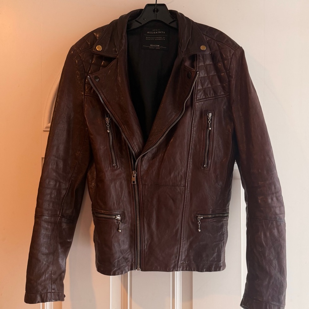 All Saints Brown Biker Leather Jacket for Men